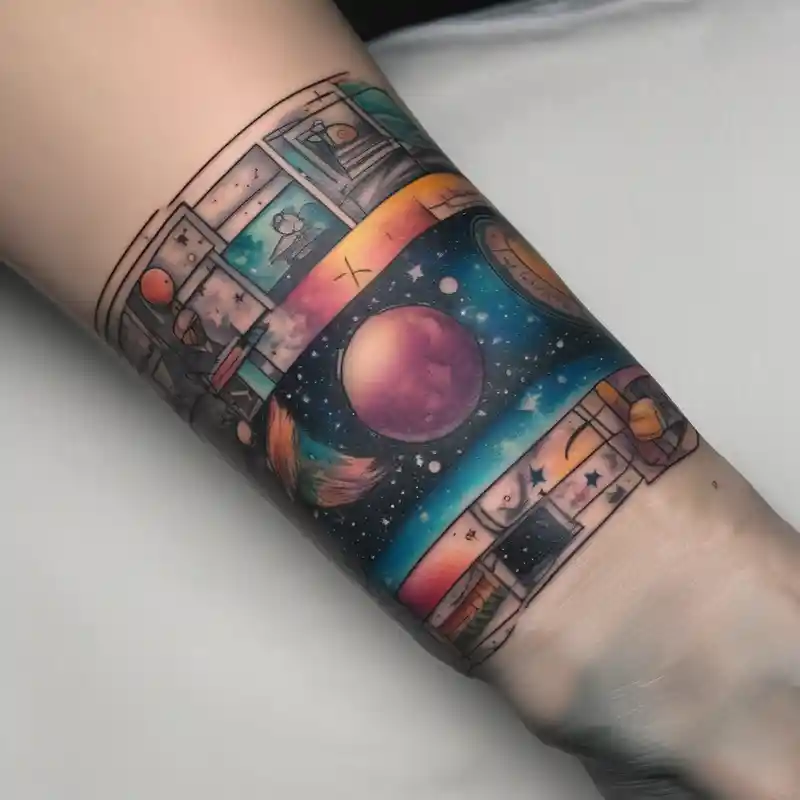 I wanna a tattoo in my wrist with a shape of rectangle wide as a bracelet with astronomy theme galaxy planets and stars